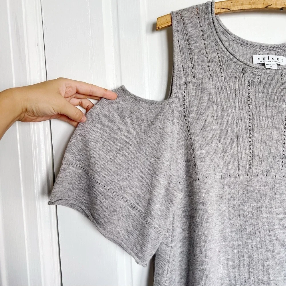 Velvet • Wool Blend Cold Shoulder Sweater heather grey cashmere knit pullover - Picture 6 of 12